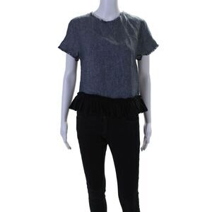 Hache Womens Short Sleeve Crew Neck Ruffled Fringe Denim Top Blue Size IT 40